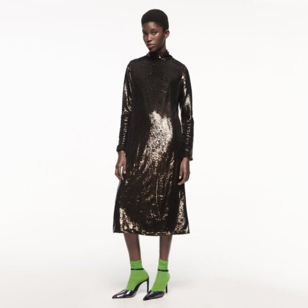 NWT Zara brown sequin long sleeve knit midi holiday dress, S
